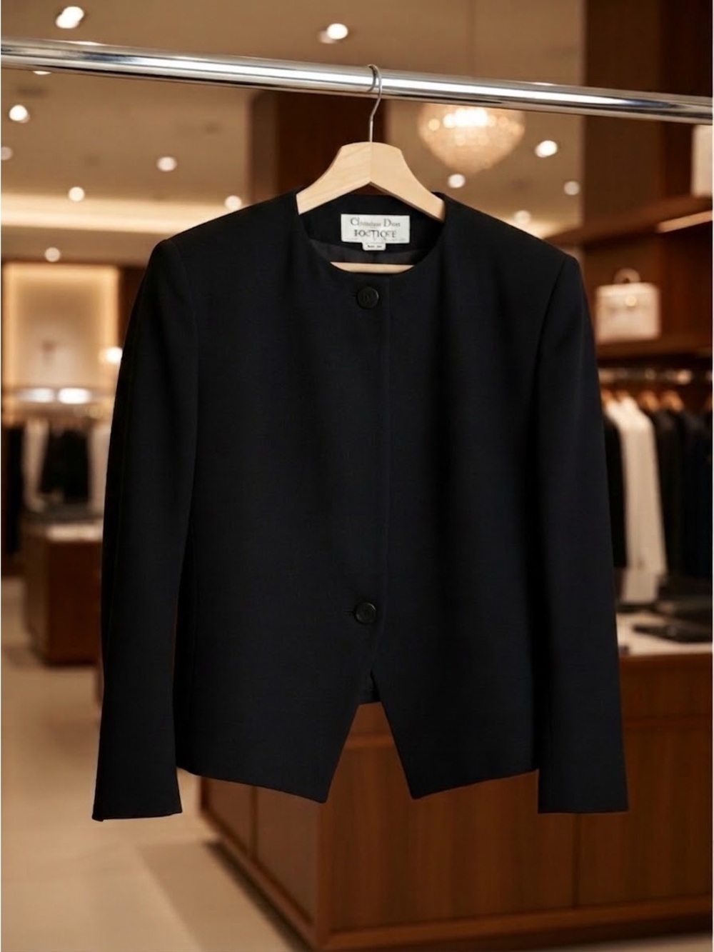 Authentic Christian Dior Petites Paris Line Black Collarless Cropped Blazer
